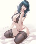  1girl artist_name azto_dio bangs bare_arms bare_shoulders black_hair black_legwear black_panties breasts byleth_(fire_emblem) byleth_(fire_emblem)_(female) closed_mouth commentary_request fire_emblem fire_emblem:_three_houses fire_emblem_heroes hand_up highres lips long_hair medium_breasts navel panties purple_eyes shiny shiny_hair signature simple_background sitting solo stomach tattoo thighhighs thighs underwear underwear_only 