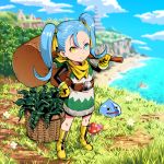  1girl alternate_color backpack bag basket beach belt blue_eyes blue_hair boots bush closed_mouth cloud dragon_quest dragon_quest_builders_2 dress earrings female_builder_(dqb2) flower fringe_trim gloves grass hair_ribbon hand_on_hip heterochromia highres hoop_earrings jewelry knee_boots leaf long_hair looking_at_viewer mushroom ocean outdoors parody ribbon scarf sky slime_(dragon_quest) smile solo sophi_ly_channel sophia_code star star-shaped_pupils symbol-shaped_pupils twintails ume_(yume_uta_da) water yellow_eyes yellow_footwear yellow_gloves yellow_ribbon yellow_scarf 