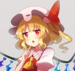 1girl 60mai ascot bangs blonde_hair blush commentary crystal eyebrows_visible_through_hair fang flandre_scarlet grey_background hand_up hat hat_ribbon index_finger_raised long_hair looking_at_viewer mob_cap one_side_up open_mouth puffy_short_sleeves puffy_sleeves red_eyes red_ribbon red_vest ribbon shirt short_sleeves sidelocks simple_background solo touhou upper_body vest white_headwear white_shirt wings yellow_neckwear 