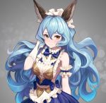 absurdres animal_ears arm_garter backless_dress backless_outfit blue_bow blue_hair blush bow breasts cleavage commentary_request dress erune eyebrows_visible_through_hair ferry_(granblue_fantasy) frills gloves granblue_fantasy grey_background highres long_hair maid_headdress medium_breasts ohihil sideboob solo upper_body wavy_hair white_gloves yellow_eyes 