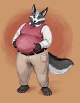  anthro belly belly_fondling big_belly black_fur canid canine claws clothed clothing featherhead fox fur hand_on_stomach hi_res male mammal moobs necktie overweight overweight_male pacato solo standing sweater_vest toe_claws topwear vest white_fur 