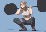  1girl blush breasts cleavage exercise full_body girls_frontline hairband hirundo_rustica large_breasts midriff navel pants pout solo squatting weightlifting yoga_pants 
