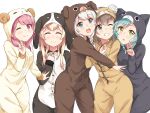  5girls :3 :d ;) =_= ^_^ animal_costume aqua_hair bandaged_ear bang_dream! bangs blonde_hair blue_eyes blush brown_hair bunny_costume cat_costume clenched_hand closed_eyes commentary_request cosplay dog_costume eyepatch far_is_a green_eyes grin hand_on_own_chest highres hikawa_hina hug kigurumi long_sleeves looking_at_viewer maruyama_aya monkey_costume multiple_girls o_o one_eye_closed open_mouth paw_pose pink_eyes pink_hair sheep_costume shirasagi_chisato short_hair side_braids simple_background smile tongue v wakamiya_eve white_background white_hair yamato_maya 