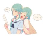  2girls :d ^_^ aqua_hair bang_dream! blue_neckwear blue_shirt closed_eyes commentary_request frown green_eyes hands_on_another&#039;s_shoulders head_on_another&#039;s_shoulder hikawa_hina hikawa_sayo holding holding_paper korean_commentary korean_text long_hair multiple_girls neckerchief open_mouth paper res2shuu school_uniform serafuku shirt short_hair short_sleeves siblings simple_background sisters smile sweater_vest translation_request twins upper_body v-shaped_eyebrows white_background 