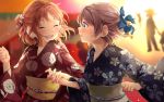  2girls :d ^_^ ahoge alternate_hairstyle bangs blue_eyes blue_kimono blue_ribbon blush clenched_hand closed_eyes commentary_request floral_print flower grey_hair hair_flower hair_ornament hair_ribbon half_updo highres japanese_clothes kanzashi kimono long_sleeves looking_at_another love_live! love_live!_sunshine!! makura_(makura0128) multiple_girls obi open_mouth red_kimono ribbon sash short_hair side_bun smile summer_festival takami_chika upper_body watanabe_you wide_sleeves 