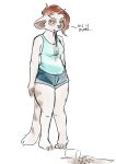  2019 annoyed anthro barefoot bottomwear breasts brown_hair clothing dialogue drinking_straw female hair halcy0n haley_the_meerkat herpestid hi_res mammal meerkat shirt short_hair shorts simple_background solo spilled_drink standing tank_top topwear wet wet_clothing white_background 