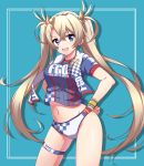 1girl bangs blonde_hair blue_background blue_eyes blue_shirt blush bradamante_(fate/grand_order) braid breasts checkered checkered_panties clothes_writing crown_braid face_painting fate/grand_order fate_(series) hair_between_eyes hands_on_hips heroic_spirit_festival_outfit highres long_hair looking_at_viewer medium_breasts minowa_sukyaru navel open_mouth panties shirt short_sleeves simple_background skindentation smile solo striped striped_shirt t-shirt thigh_strap thighs towel towel_around_neck twintails underwear vertical_stripes very_long_hair white_panties wristband 