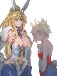  2girls animal_ears artoria_pendragon_(all) artoria_pendragon_(swimsuit_ruler)_(fate) bare_shoulders blonde_hair blue_legwear bow_(bhp) breasts bunny_ears bunnysuit crown detached_collar fate/grand_order fate_(series) fishnet_pantyhose fishnets green_eyes hand_on_hip large_breasts leotard long_hair mordred_(fate)_(all) multiple_girls navel_cutout open_mouth pantyhose ponytail red_leotard sidelocks smile white_background white_leotard wrist_cuffs 