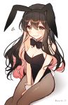  1girl animal_ears between_legs black_hair black_leotard black_neckwear bow bowtie breasts brown_legwear bunny_ears bunny_tail bunnysuit cleavage detached_collar fishnet_pantyhose fishnets hand_between_legs hiiragi_souren kantai_collection leotard long_hair looking_at_viewer medium_breasts multicolored_hair naganami_(kantai_collection) pantyhose pink_hair shadow simple_background smile solo squiggle strapless strapless_leotard tail twitter_username two-tone_hair wavy_hair wavy_mouth white_background wrist_cuffs yellow_eyes 