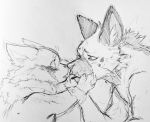  aggressive_retsuko ailurid black_and_white duo female fenneko foxi-loxy haida hyaenid licking male mammal monochrome pen_(artwork) red_panda sanrio simple_background tongue tongue_out traditional_media_(artwork) white_background 