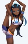  1girl armlet armpits arms_up belly_chain bike_shorts black_hair blue_eyes breasts cameltoe dark_skin denkaisui earrings eyeliner eyeshadow flexible forehead gym_leader gymnastics hair_bun highres hoop_earrings jewelry kneepits leg_up long_hair makeup multicolored_hair navel necklace pokemon pokemon_(game) pokemon_swsh rurina_(pokemon) small_breasts solo split sportswear spread_legs standing standing_on_one_leg standing_split steam stretch sweat tank_top thighs two-tone_hair white_background 