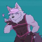  &lt;3 abs bathym blowing_kiss blush bulge canid canine canis clothing demon fur gloves handwear hi_res horn male mammal muscular muscular_male one_eye_closed pecs poyosumi_1202 purple_fur tokyo_afterschool_summoners video_games visor_cap wetsuit wink wolf 
