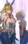  1girl ahoge animal_ears armpits artoria_pendragon_(all) artoria_pendragon_(swimsuit_ruler)_(fate) bangs bare_shoulders bent_over blonde_hair blue_legwear blue_neckwear blurry blurry_background blush bow_(bhp) braid breasts bunny_ears bunnysuit cityscape cleavage closed_mouth commentary_request cowboy_shot crown detached_collar eyebrows_visible_through_hair fate/grand_order fate_(series) fishnet_pantyhose fishnets french_braid fur_scarf green_eyes grimace hair_between_eyes large_breasts leotard long_hair looking_at_viewer mordred_(fate) mordred_(fate)_(all) navel_cutout necktie night pantyhose ponytail sidelocks solo swept_bangs thighs tiara white_leotard 