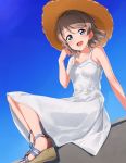  1girl :d blue_eyes blue_sky blush brown_headwear commentary_request day dress grey_hair hat highres looking_at_viewer love_live! love_live!_sunshine!! open_mouth outdoors sandals short_hair sitting sky smile solo strapless strapless_dress straw_hat suke_(momijigari) sun_hat sundress watanabe_you white_dress 