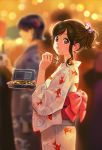  1girl animal_print backlighting brown_eyes brown_hair chopsticks commentary_request crowd eating fish_print flower food hair_flower hair_ornament highres japanese_clothes kimono looking_at_viewer nashigaya_koyomi night noodles obi original sash short_ponytail soba solo_focus standing sweatdrop white_kimono yukata 