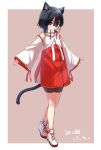  1girl :o animal_ears bangs black_hair black_shorts blush boots brown_background cat_ears cat_girl cat_tail commentary_request detached_sleeves hair_between_eyes hair_ornament hairclip highres long_sleeves looking_at_viewer minowa_sukyaru nontraditional_miko original parted_lips red_eyes red_skirt short_shorts shorts shorts_under_skirt skirt sleeveless sleeves_past_wrists solo tail translation_request two-tone_background white_background white_footwear wide_sleeves 