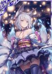  1girl akkijin animal_ears bare_shoulders breasts card_(medium) fox_ears fox_girl fox_tail frilled_skirt frills ghost hitodama japanese_clothes lamp looking_at_viewer medium_breasts multiple_tails night night_sky official_art purple_eyes shinkai_no_valkyrie short_hair silver_hair skirt sky tail thighhighs 