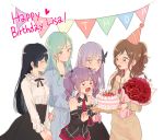  5girls ^_^ aqua_hair bang_dream! beige_sweater birthday_cake black_hair black_neckwear black_skirt blue_dress bouquet brown_hair butterfly_hair_ornament cake character_name closed_eyes commentary_request crying detached_sleeves dress earrings english_text flower food frilled_shirt_collar frills green_eyes grey_hair hair_ornament half_updo happy_birthday happy_tears hat heart high-waist_skirt hikawa_sayo imai_lisa jewelry korean_commentary long_sleeves minato_yukina multiple_girls neck_ribbon necktie open_mouth party_hat purple_eyes purple_hair red_flower red_neckwear red_rose res2shuu ribbon rose roselia_(bang_dream!) shirokane_rinko shirt sidelocks simple_background skirt smile string_of_flags sweatdrop sweater sweater_dress tears twintails udagawa_ako white_background white_shirt yellow_eyes 