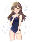  1girl arashio_(kantai_collection) blue_swimsuit blush breasts brown_eyes brown_hair competition_school_swimsuit eyebrows_visible_through_hair hair_between_eyes hand_on_own_chest ittokyu kantai_collection light_brown_eyes long_hair looking_at_viewer medium_breasts new_school_swimsuit one-piece_swimsuit open_mouth school_swimsuit simple_background smile solo standing star starry_background swimsuit white_background yellow_eyes 