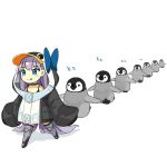  1girl animal bird blue_eyes blush_stickers chibi closed_mouth commentary fate/grand_order fate_(series) full_body hood hoodie lilac_(p-f_easy) long_hair long_sleeves meltryllis meltryllis_(swimsuit_lancer)_(fate) penguin purple_hair simple_background sleeves_past_fingers sleeves_past_wrists smile tongue tongue_out very_long_hair white_background 