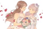  2girls bang_dream! blue_flower blue_rose bouquet braid brooch brown_eyes brown_hair closed_eyes crying dress earrings flower grey_hair hair_flower hair_ornament happy_tears imai_lisa jewelry long_hair looking_at_another minato_yukina multiple_girls open_mouth pearl_(gemstone) petals purple_flower purple_rose red_flower red_rose res2shuu rose simple_background sleeveless sleeveless_dress smile tears upper_body wedding_dress white_background white_dress white_flower white_rose wife_and_wife yellow_flower yellow_rose yuri 