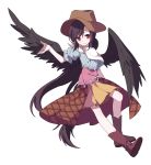  1girl bangs black_wings boots brown_footwear brown_hair brown_headwear closed_mouth cowboy_hat feathered_wings full_body gla hand_up hat highres horse_tail kurokoma_saki long_hair looking_at_viewer neckerchief off_shoulder ponytail puffy_short_sleeves puffy_sleeves red_eyes short_sleeves sidelocks simple_background skirt smile solo tail touhou white_background white_neckwear wings yellow_skirt 