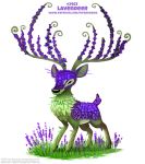  antlers black_eyes cervid cryptid-creations feral flower fur grass green_fur horn humor lavender_(flower) male mammal plant pun simple_background solo visual_pun white_background 