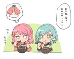  2girls :t aqua_hair bang_dream! bangs bd_ayknn bow bowl chopsticks dress eating food green_eyes hair_bow hikawa_hina long_hair long_sleeves maruyama_aya multiple_girls noodles pink_cardigan pink_hair ramen short_hair shrimp shrimp_tempura side_braids spoon sweat sweater tempura translation_request v-shaped_eyebrows white_dress yellow_bow yellow_sweater 