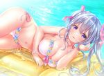  1girl air_mattress aoba_chise aoba_project bare_arms bare_shoulders bead_bracelet beads bikini bracelet breasts cleavage collarbone day hair_ribbon halter_top halterneck jewelry large_breasts long_hair looking_at_viewer navel outdoors parted_lips pink_ribbon purple_eyes ribbon sakura_moyon side-tie_bikini silver_hair smile solo stomach sunlight swimsuit thighs twintails water wet white_bikini 