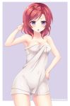  1girl :o blush breasts collarbone commentary_request covered_navel cowboy_shot hand_in_hair hand_on_hip highres love_live! love_live!_sunshine!! medium_breasts naked_towel nishikino_maki purple_background purple_eyes red_eyes sakurai_makoto_(custom_size) short_hair simple_background solo sweatdrop towel twitter_username v-shaped_eyebrows 