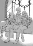  1boy 1girl boots byleth_(fire_emblem) byleth_(fire_emblem)_(female) closed_eyes couch crossed_arms crossed_legs fire_emblem fire_emblem:_three_houses gloves highres long_hair monochrome navel paper short_hair sitting sunsembrace window 