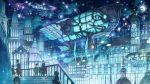  1boy 1girl aircraft airship blue_theme building city cityscape cloud commentary_request constellation fantasy highres leaf_(forcemsnk) multiple_others night night_sky original outdoors scenery sky snowing stairs star_(sky) starry_sky tower wide_shot winter 