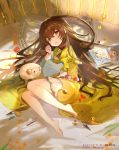  barefoot brown_eyes brown_hair candy candy_cane checkerboard_cookie clenched_hand company_name cookie dress food hayama_eishi highres hortensia_saga indoors looking_at_viewer lying macaron official_art on_bed on_side picture_book pillow puffy_sleeves sheep wrapped_candy yellow_dress 