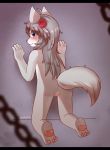  2019 absurd_res alternate_version_at_source anthro auvere blue_eyes blush butt canid canine canis claws cub digital_media_(artwork) female fur hair hi_res kneeling looking_at_viewer looking_back mammal nude parfait_(artist) pussy simple_background smile solo white_fur wolf young 