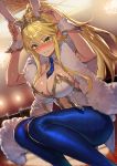  1girl absurdres animal_ears artoria_pendragon_(all) artoria_pendragon_(swimsuit_ruler)_(fate) bangs bare_shoulders blonde_hair blue_legwear blue_neckwear blush breasts bunny_ears bunnysuit cleavage closed_mouth detached_collar fate/grand_order fate_(series) green_eyes hair_between_eyes hands_up highres large_breasts leotard long_hair looking_at_viewer navel_cutout necktie pantyhose poker_chip ponytail pyz_(cath_x_tech) sidelocks solo squatting tearing_up thighs tiara white_leotard 