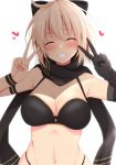  1girl ^_^ ahoge bare_shoulders bikini black_bikini black_bow black_gloves black_scarf blonde_hair blush bow breasts cleavage closed_eyes commentary_request double_v elbow_gloves facing_viewer fate/grand_order fate_(series) gloves grin hair_bow hands_up heart highleg highleg_bikini highres large_breasts navel okita_souji_(fate)_(all) okita_souji_(swimsuit_assassin)_(fate) open_mouth scarf short_hair simple_background single_glove smile solo swimsuit takeyuu upper_body v white_background wristband 