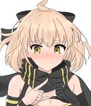  1girl ahoge atsumisu bangs bare_shoulders black_bow black_gloves black_scarf blush bow breasts cleavage closed_mouth eyebrows_visible_through_hair fate/grand_order fate_(series) fingers_together flying_sweatdrops gloves hair_between_eyes hair_bow hands_up light_brown_hair medium_breasts nervous_smile nose_blush okita_souji_(fate)_(all) okita_souji_(swimsuit_assassin)_(fate) orange_eyes scarf simple_background single_glove solo tears upper_body wavy_mouth white_background 
