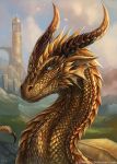  2019 brown_scales day detailed_background digital_media_(artwork) dragon gold_scales green_eyes horn membrane_(anatomy) membranous_wings outside scales scalie sky spines western_dragon wings x-celebril-x 