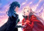  2girls absurdres blonde_hair blue_eyes blue_hair boukensha_c byleth_(fire_emblem) byleth_(fire_emblem)_(female) edelgard_von_hresvelg fire_emblem fire_emblem:_three_houses gloves hair_ornament hair_ribbon highres long_hair multiple_girls older pantyhose ribbon simple_background sky smile spoilers uniform yuri 