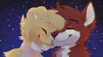  2019 anthro black_eyebrows blonde_hair canid canine canis cheek_tuft collar cuddling digital_media_(artwork) domestic_dog duo eyebrows eyes_closed feve freckles front_view fur hair happy hi_res jared_(wuifie) male male/male mammal multicolored_fur night outside purple_eyebrows purple_nose red_fur red_nose short_hair sky smile star starry_sky tuft two_tone_fur white_fur yellow_fur 