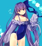  1girl :q bangs bare_shoulders beniko_(ymdbnk) blue_background blue_bow blue_eyes blue_swimsuit blush bow closed_mouth collarbone commentary_request covered_navel eyebrows_visible_through_hair fate/grand_order fate_(series) floral_background frilled_swimsuit frills groin hair_between_eyes hair_bow head_tilt highres long_hair long_sleeves looking_at_viewer meltryllis meltryllis_(swimsuit_lancer)_(fate) puffy_long_sleeves puffy_sleeves purple_hair sleeves_past_fingers sleeves_past_wrists smile solo strapless strapless_swimsuit swimsuit tongue tongue_out v-shaped_eyebrows very_long_hair 