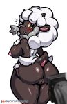  2019 absurd_res anthro anthrofied big_breasts big_butt blush bodily_fluids bovid breasts butt caprine female fur hi_res horn lollipopcon mammal nintendo nipples nude pok&eacute;mon pok&eacute;mon_(species) pok&eacute;morph pussy shear_(disambiguation) simple_background sweat thick_thighs video_games white_background wool_(fur) wooloo 