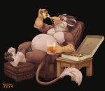  2019 alcohol avian beer belly beverage big_belly black_background bulge chibi-marrow clothing food hi_res male overweight overweight_male pawpads pizza reclining simple_background sitting solo underwear wings 