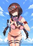 1girl absurdres bangs bare_shoulders bikini black_bikini black_gloves black_hair blush breasts brown_hair cleavage commentary_request cutout day fate/grand_order fate_(series) gloves goggles goggles_on_head gun highres in_mouth kaname_(melaninusa09) large_breasts long_hair looking_at_viewer navel ocean osakabe-hime_(swimsuit_archer)_(fate) outdoors pink_bikini purple_eyes ski_goggles solo swimsuit thigh_strap twintails water weapon 