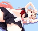  1girl :o adapted_costume ass_visible_through_thighs bikini bikini_skirt black_bikini black_ribbon black_skirt blonde_hair blue_background blush breasts chestnut_mouth dd_(ijigendd) gradient_hair hair_flaps hair_ornament hair_ribbon hairclip kantai_collection long_hair looking_at_viewer lying medium_breasts multicolored_hair navel on_side perspective pleated_skirt red_eyes remodel_(kantai_collection) ribbon scarf simple_background skirt solo swimsuit yuudachi_(kantai_collection) 