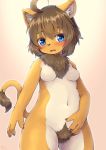  ahoge anthro blue_eyes blush breasts brown_hair chest_tuft featureless_breasts felid female fur hair hi_res kemono lion mammal multicolored_fur navel nude open_mouth pantherine pubes shiitakemeshi solo tuft 