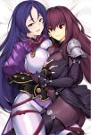  2girls armor ass bangs bare_shoulders black_gloves blush bodysuit breast_grab breasts collarbone dakimakura fate/grand_order fate_(series) fingerless_gloves gloves grabbing hair_between_eyes hair_intakes japanese_armor kote large_breasts long_hair looking_at_viewer low-tied_long_hair minamoto_no_raikou_(fate/grand_order) multiple_girls open_mouth parted_bangs parted_lips pauldrons purple_bodysuit purple_eyes purple_hair red_eyes ribbed_sleeves rope scathach_(fate)_(all) scathach_(fate/grand_order) smile solo tony_guisado very_long_hair 