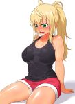  1girl bare_shoulders black_tank_top blonde_hair breasts crying danberu_nan_kiro_moteru? dark_skin green_eyes highres large_breasts long_hair onsoku_maru open_mouth red_shorts sad sakura_hibiki_(danberu_nan_kiro_moteru?) short_shorts shorts simple_background sitting solo sweat tan tank_top tears white_background 