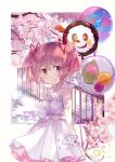  1girl balloon bangs charlotte_(madoka_magica) cherry_blossoms collarbone dated dress hair_ribbon highres kaname_madoka looking_at_viewer mahou_shoujo_madoka_magica pink_eyes pink_hair ribbon signature siren_owk smile solo soul_gem twintails 