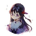  1girl akemi_homura backwards_hat bangs black_hair bow bowtie collarbone earrings flower glasses hair_flower hair_ornament hat jewelry long_hair looking_at_viewer mahou_shoujo_madoka_magica necklace purple_eyes ribbon shirt simple_background siren_owk skeleton_print solo sparkle spider_lily t-shirt white_background 